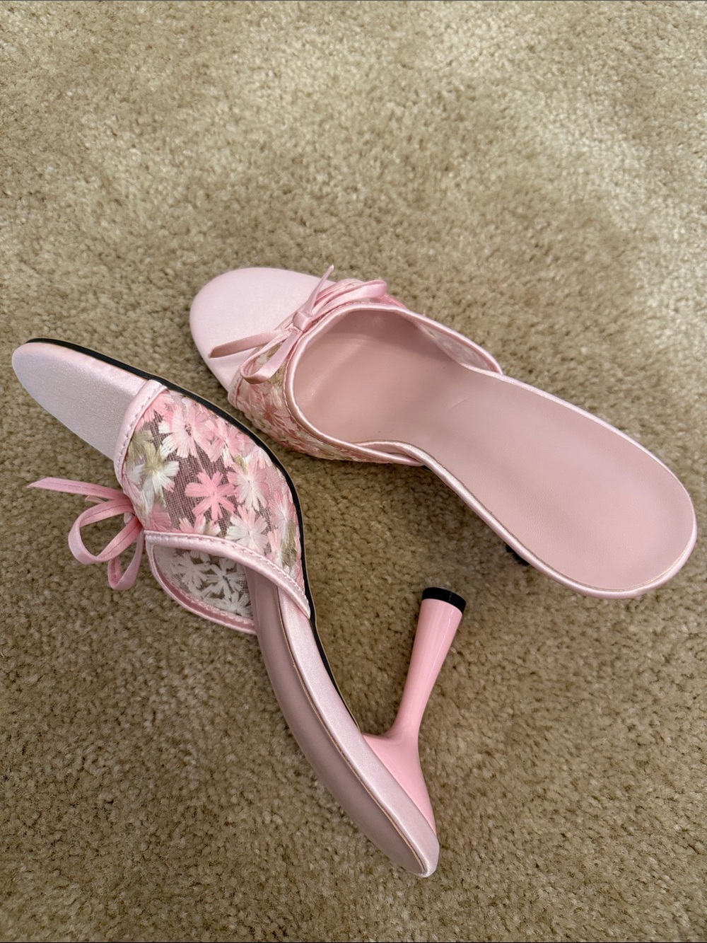 Pink Floral Open-Toe Heeled Mules
